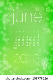June 2013 vector calendar grid on bright green abstract starry background