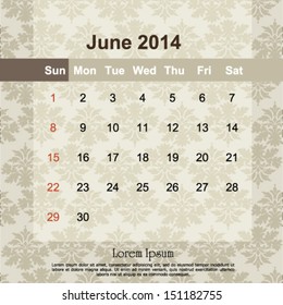 June 2014 calendar design, vector illustration