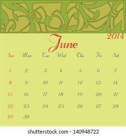 June 2014 calendar vector illustration template leaves design