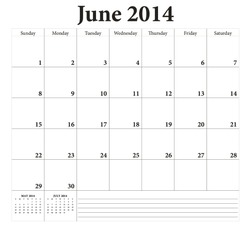 June 2014 -planning Calendar. Weeks Start On Sunday.