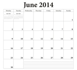 June 2014 -planning Calendar. Weeks Start On Monday.