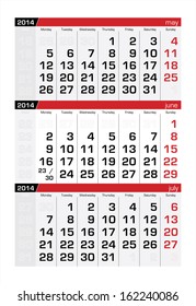 June 2014 Three-Month Calendar