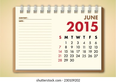 June 2015 Calendar Notebook Paper Vector 