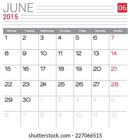 June 2015 calendar vector design template. Simple blank calendar illustration.