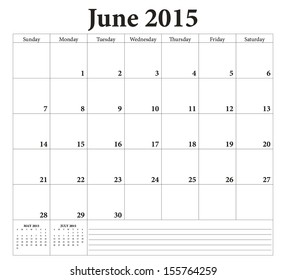 June 2015 -planning calendar. Weeks start on Sunday.