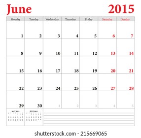 June 2015 -planning calendar. Weeks start on Monday.