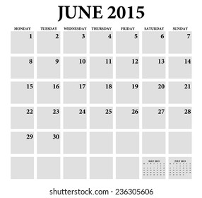 June 2015 -planning calendar. Weeks start on Monday.