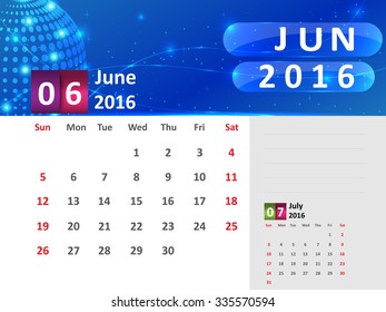 June 2016 Calendar, Abstract  Dotted Blue Globe 2016 Calendar, 2016 Calendar Vector Design. Vector Illustration.