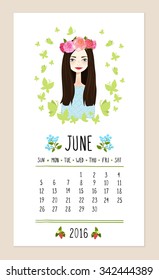 June. 2016 calendar with cute girl in wreath of seasonal flowers. Frame of butterfly. Can be used like greeting cards.