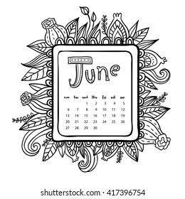 June 2016 calendar. Doodle frame. Cute floral decorated frame. Print out and color it yourself. Coloring page.