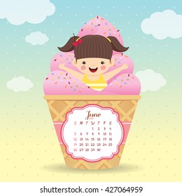 June / 2016 calendar. Little cute girl with ice cream on vector background. Cartoon vector illustration.