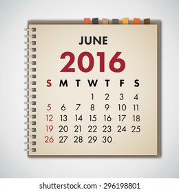 June 2016 Calendar Notebook Vector 