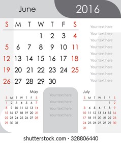 June 2016 Calendar - week starts with Sunday, vector illustration.