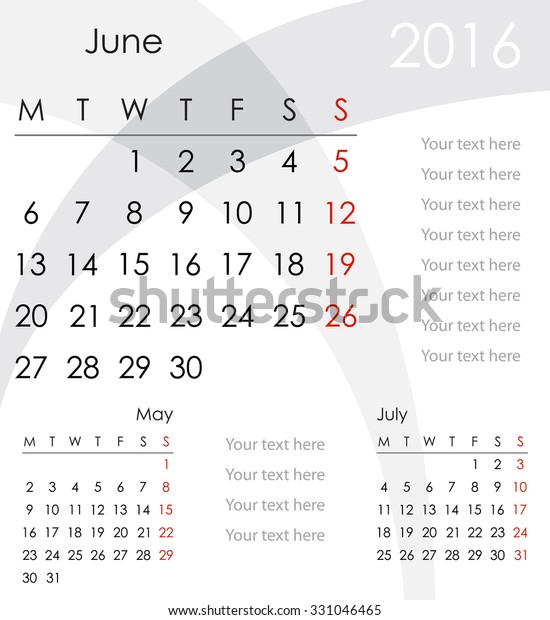 June 16 Calendar Week Starts Monday Stock Vector Royalty Free