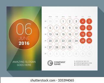 June 2016. Desk Calendar for 2016 Year. Vector Design Print Template with Place for Photo and Circles. Week Starts Monday. Calendar Grid with Week Numbers