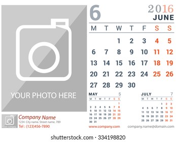 June 2016. Desk and Wall Monthly Calendar for 2016 Year. Vector Design Print Template with Place for Photo logo and description company. Week Starts Monday. Portrait Orientation