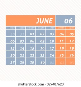 June 2016 Flat Calendar Design - Week Starts Monday