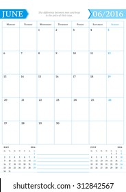 June 2016. Monthly Calendar Planner for 2016 Year. Vector Design Print Template with Place for Notes. Week Starts Monday. Portrait Orientation
