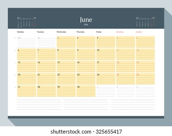 June 2016. Monthly Calendar Planner for 2016 Year. Vector Design Print Template. Week Starts Monday