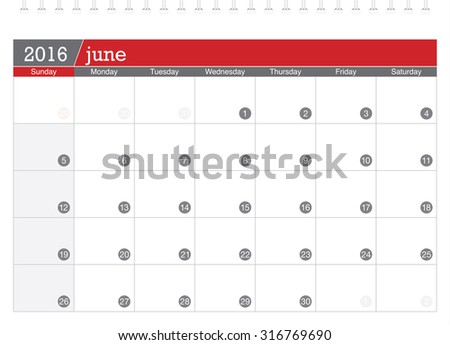 June 2016 planning calendar