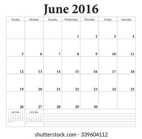 June 2016 -planning calendar. Weeks start on Sunday.