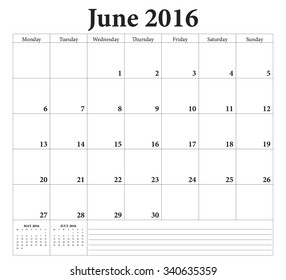 June 2016 -planning calendar. Weeks start on Monday.