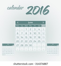 June 2016. Simple european calendar for 2016 year one month grid. Vector illustration.