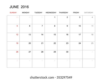 June 2016 - Vector calendar template design for planning. Week start from Sunday.