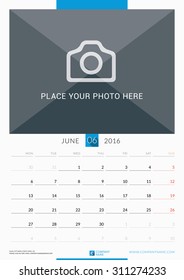 June 2016. Wall Monthly Calendar for 2016 Year. Vector Design Print Template with Place for Photo. Week Starts Monday. Portrait Orientation