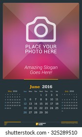 June 2016. Wall Monthly Calendar for 2016 Year. Vector Design Print Template with Place for Photo. Dark Background. Week Starts Sunday. 3 Months on Page