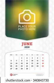 June 2016. Wall Monthly Calendar for 2016 Year. Vector Design Print Template with Place for Photo and Pattern Background. Week Starts Monday