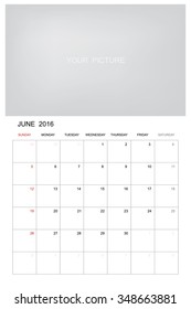 June 2016 - Wall monthly calendar for 2016 year. Vector template design with area for your picture or graphic design. Week starts from Sunday.