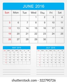 June 2016.Planning calendar for june 2016.Vector illustration.