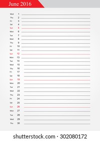 June 2016.Planning calendar for june 2016.Vector template.