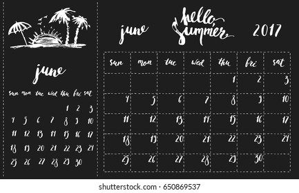 June 2017 calendar with calligraphy elements, planner page and palm trees. Week starts Sunday.