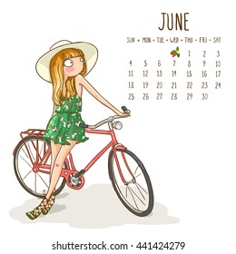 June. 2017 calendar with cute girl in a hat with bicycle at the walk. Can be used like greeting cards.