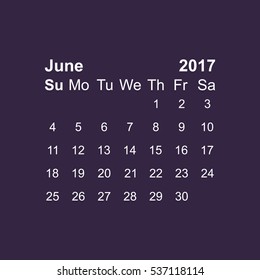 June 2017 Calendar Icon Vector flat design style