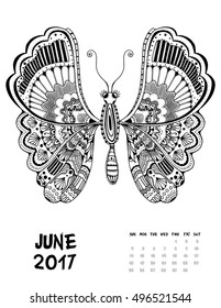 June, 2017 calendar. Line Art Black and white Illustration. Butterfly. Print anti-stress coloring page.