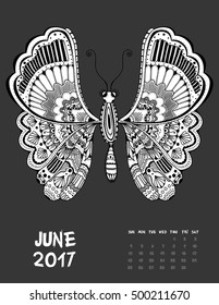 June, 2017 calendar. Line Art Black and white Illustration. Butterfly. Print anti-stress coloring page.