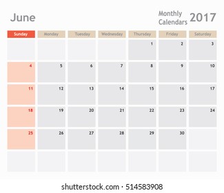 June 2017 calendar planner , monthly calendar,vector illustrator