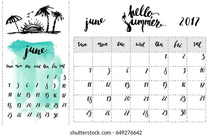 June 2017 calendar and planner page with ink calligraphy elements and palm trees and watercolor light green background. Week starts Sunday.
