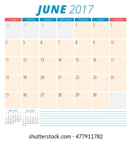 June 2017. Calendar Planner for 2017 Year. Week Starts Sunday. Stationery Design. 3 Months on Page. Vector Calendar Template