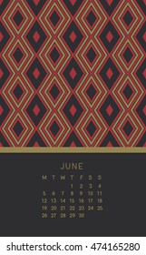 June 2017 calendar. Week starts from Monday. Vector illustration. 
