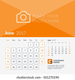 June 2017. Calendar for 2017 Year. Week Starts Sunday. 2 Months on Page. Vector Design Print Template with Place for Photo and Company Logo