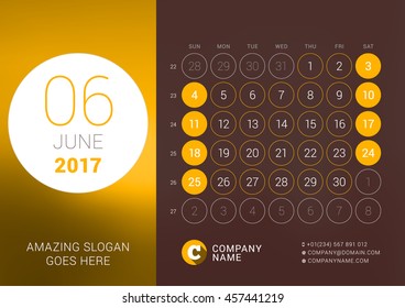 June 2017. Desk Calendar for 2017 Year. Vector Design Print Template with Place for Photo. Week Starts Sunday. Calendar Grid with Week Numbers