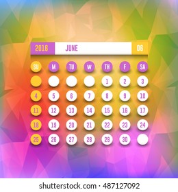 June 2017 Full Calendar Template - Polygonal Background, Promotion Poster Vector Design, Week Starts Sunday