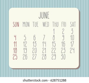 June 2017 vector calendar with hand drawn text over pastel blue striped background. Week starting from Sunday.