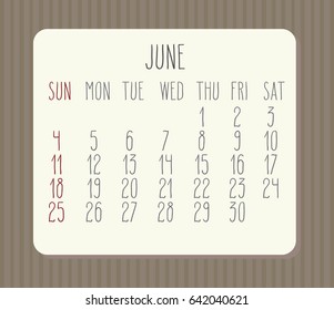 June 2017 vector calendar with hand drawn text over brown striped background. Week starting from Sunday.