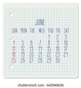 June 2017 vector calendar on a squared notebook page. Week starting from Sunday. Hand written typography.