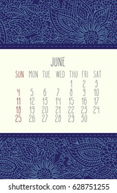 June 2017 vector calendar over blue lacy doodle hand drawn background, week starting from Sunday.